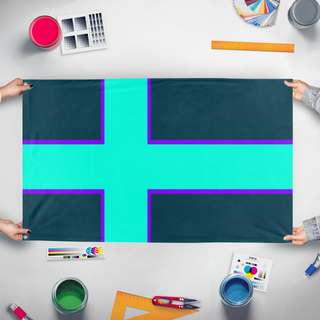 A mockup of the custom flag 'Spring Grove Scandinavia flag' held up on a table during print checking