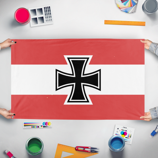 A mockup of the custom flag 'Austrian flag' held up on a table during print checking