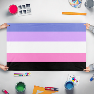 A mockup of the custom flag 'Omniace flag' held up on a table during print checking