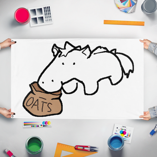 A mockup of the custom flag 'Cloppy flag' held up on a table during print checking