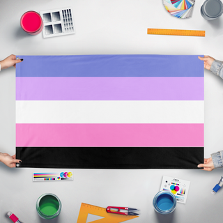 A mockup of the custom flag 'Omniace flage flag' held up on a table during print checking