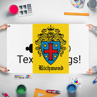 A mockup of the custom flag 'crest flag' held up on a table during print checking