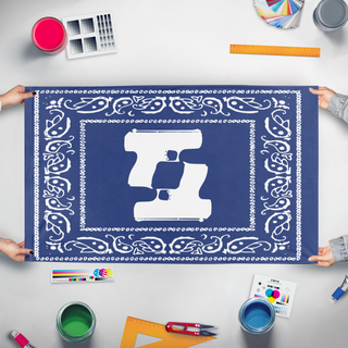 A mockup of the custom flag 'CRIP TFR flag' held up on a table during print checking