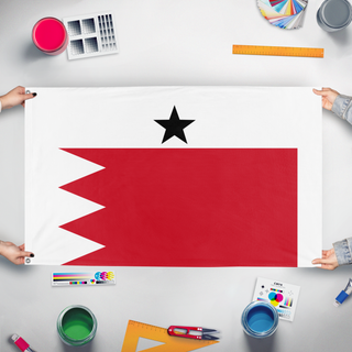 A mockup of the custom flag 'test flag' held up on a table during print checking