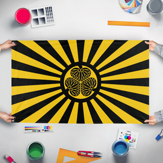A mockup of the custom flag 'Shogun Samurai flag' held up on a table during print checking