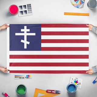 A mockup of the custom flag 'OrthodoxAmerican flag' held up on a table during print checking