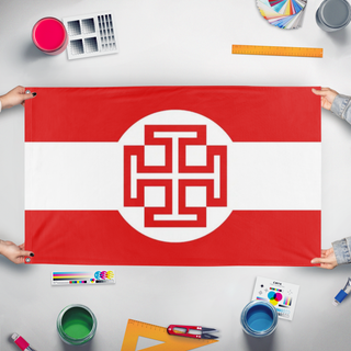A mockup of the custom flag 'Austrian Fatherland Front flag' held up on a table during print checking