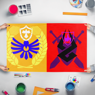 A mockup of the custom flag 'Judgement Day flag' held up on a table during print checking