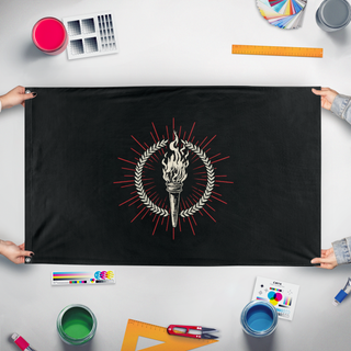 A mockup of the custom flag 'veritas victrix flag' held up on a table during print checking