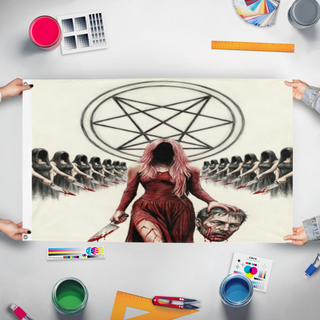 A mockup of the custom flag 'Red Goddess flag' held up on a table during print checking