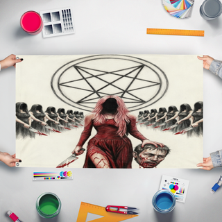 A mockup of the custom flag 'Red Goddess flag' held up on a table during print checking
