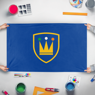 A mockup of the custom flag 'The Royal Irish Armed Forces flag' held up on a table during print checking