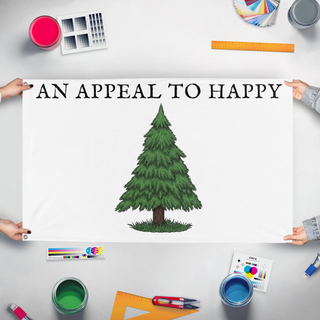A mockup of the custom flag 'An Appeal to Happy flag' held up on a table during print checking