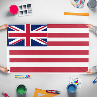 A mockup of the custom flag 'U.S. Brittish colonies flag' held up on a table during print checking