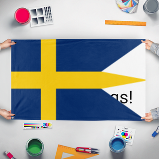 A mockup of the custom flag 'Historical Swedish flag' held up on a table during print checking