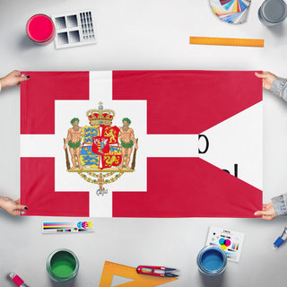 A mockup of the custom flag 'Historical Royal Danish flag' held up on a table during print checking