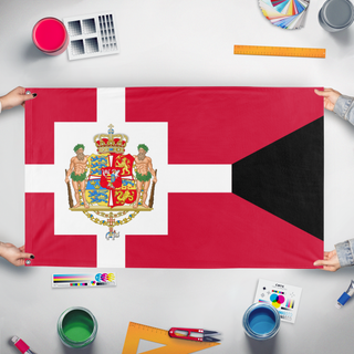 A mockup of the custom flag 'Royal Standard Danish flag' held up on a table during print checking