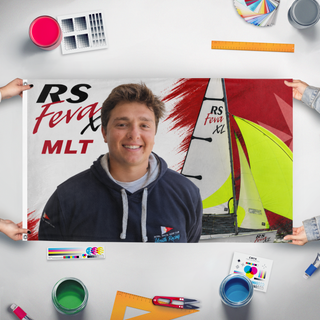 A mockup of the custom flag 'Coach appreciation flag' held up on a table during print checking