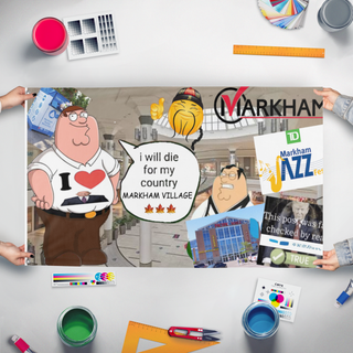 A mockup of the custom flag 'I will die for my country markham village flag' held up on a table during print checking