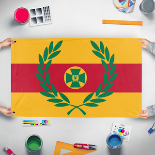 A mockup of the custom flag 'A flag' held up on a table during print checking