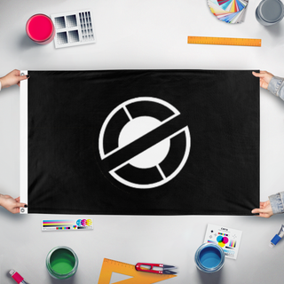 A mockup of the custom flag 'Mulatto Front' held up on a table during print checking