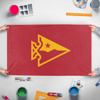 A mockup of the custom flag 'flag' held up on a table during print checking
