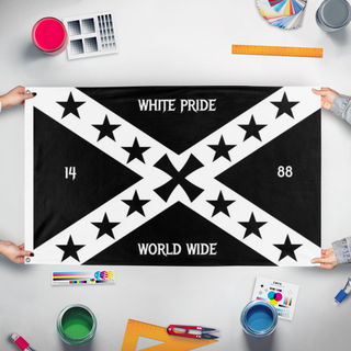 A mockup of the custom flag '1488 WFP flag' held up on a table during print checking