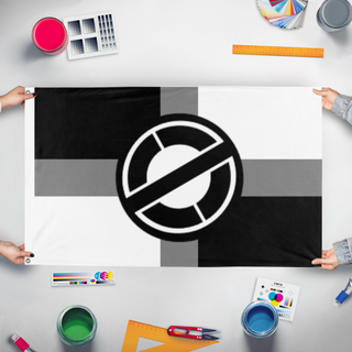 A mockup of the custom flag 'Mulattp Front' held up on a table during print checking