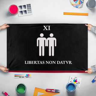 A mockup of the custom flag 'Same Sex flag' held up on a table during print checking