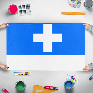 A mockup of the custom flag 'Contents flag' held up on a table during print checking