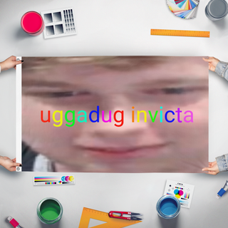 A mockup of the custom flag 'uggadug flag' held up on a table during print checking
