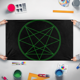 A mockup of the custom flag 'aeon flag' held up on a table during print checking