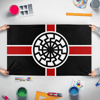 A mockup of the custom flag 'Sun flag' held up on a table during print checking