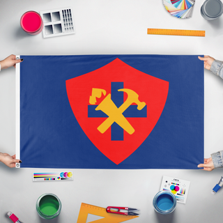A mockup of the custom flag 'impco paz brazil flag' held up on a table during print checking