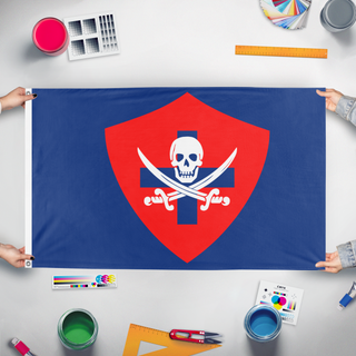 A mockup of the custom flag '11 flag' held up on a table during print checking
