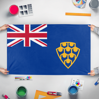 A mockup of the custom flag '67 flag' held up on a table during print checking