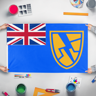 A mockup of the custom flag '12 flag' held up on a table during print checking