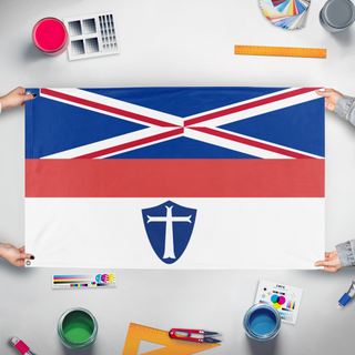 A mockup of the custom flag '10 flag' held up on a table during print checking