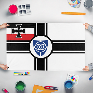 A mockup of the custom flag '20 flag' held up on a table during print checking