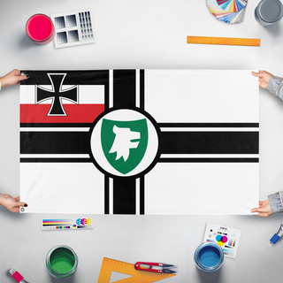A mockup of the custom flag '30 flag' held up on a table during print checking