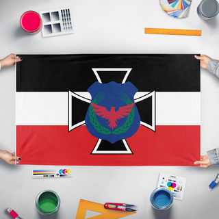 A mockup of the custom flag '11 flag' held up on a table during print checking
