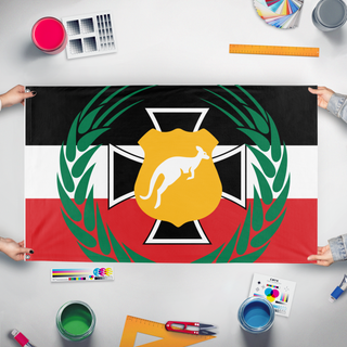 A mockup of the custom flag '66 flag' held up on a table during print checking
