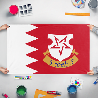 A mockup of the custom flag '5 flag' held up on a table during print checking