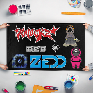 A mockup of the custom flag 'knock2zedd flag' held up on a table during print checking
