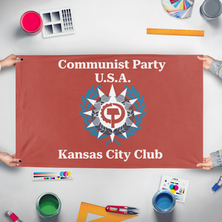 A mockup of the custom flag 'CPUSA Kansas City Club flag' held up on a table during print checking