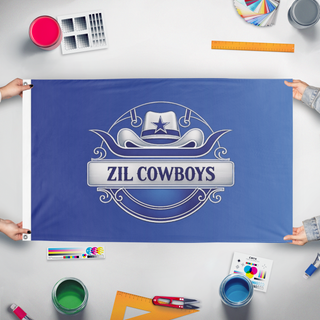 A mockup of the custom flag 'ZIL flag' held up on a table during print checking