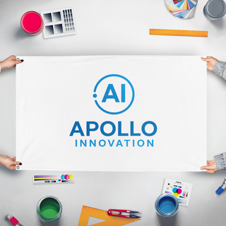 A mockup of the custom flag 'ai1 flag' held up on a table during print checking
