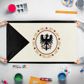 A mockup of the custom flag 'Iron legion flag' held up on a table during print checking