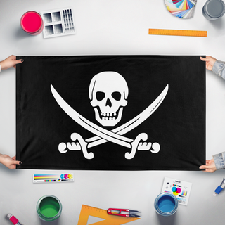 A mockup of the custom flag 'JollyRoger flag' held up on a table during print checking