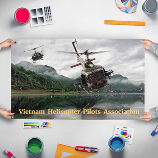 A mockup of the custom flag 'Vietnam Helicopter Pilots Association flag' held up on a table during print checking